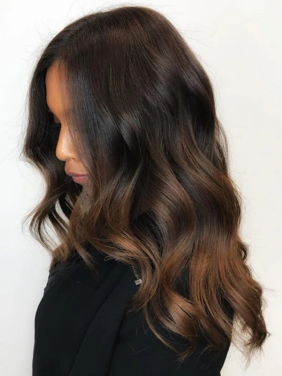 Mid-Back Espresso With Warm Highlights, Side — Espresso Hair