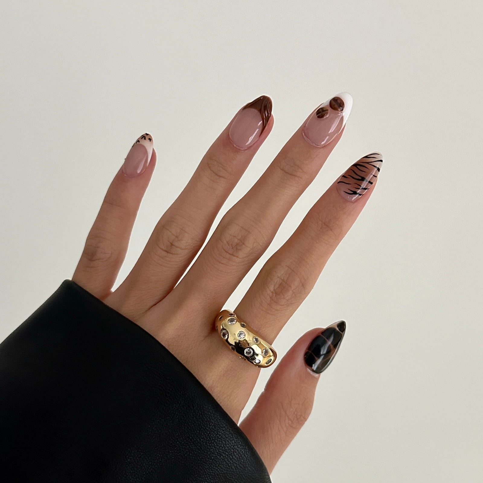 Mixed Print Long Almond Nails With Brown French Mixed Print Long Almond Nails With Brown French — Espresso Nails