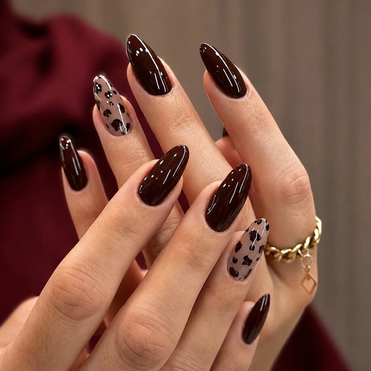 Deep Brown With Leopard Print Accent Almond Nails Deep Brown With Leopard Print Accent Almond Nails — Espresso Nails