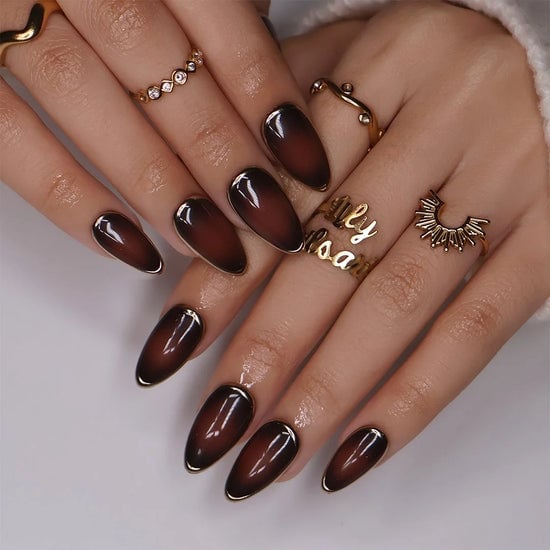Dark Brown Ombre Almond Nails With Gold Outline Dark Brown Ombre Almond Nails With Gold Outline — Espresso Nails