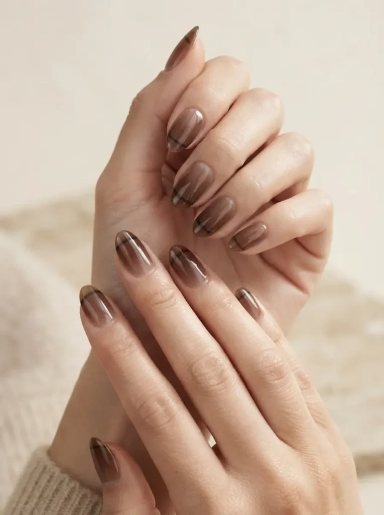 Short Oval Sheer Brown Gradient With Plaid Short Oval Sheer Brown Gradient With Plaid — Espresso Nails