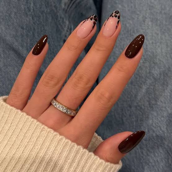 Sheer Nude With Abstract Dark Brown Swirls Almond, Close-Up Take Sheer Nude With Abstract Dark Brown Swirls Almond, Close-Up Take — Espresso Nails