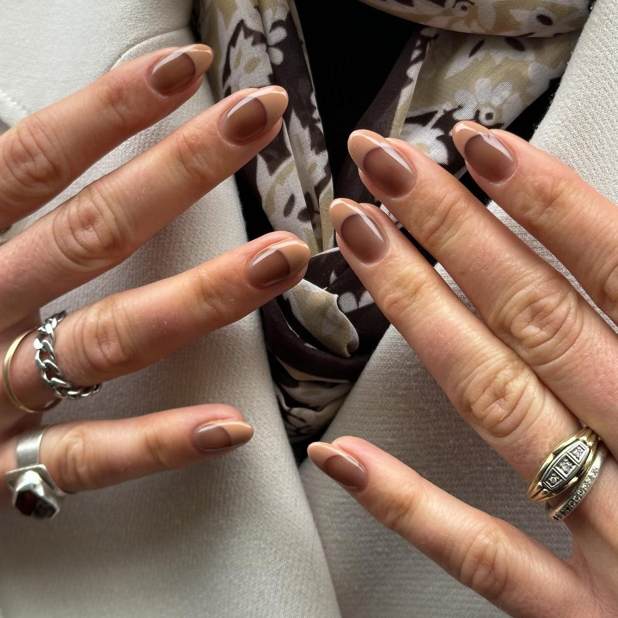 Sheer Nude With Medium Brown Gradient French Sheer Nude With Medium Brown Gradient French — Espresso Nails