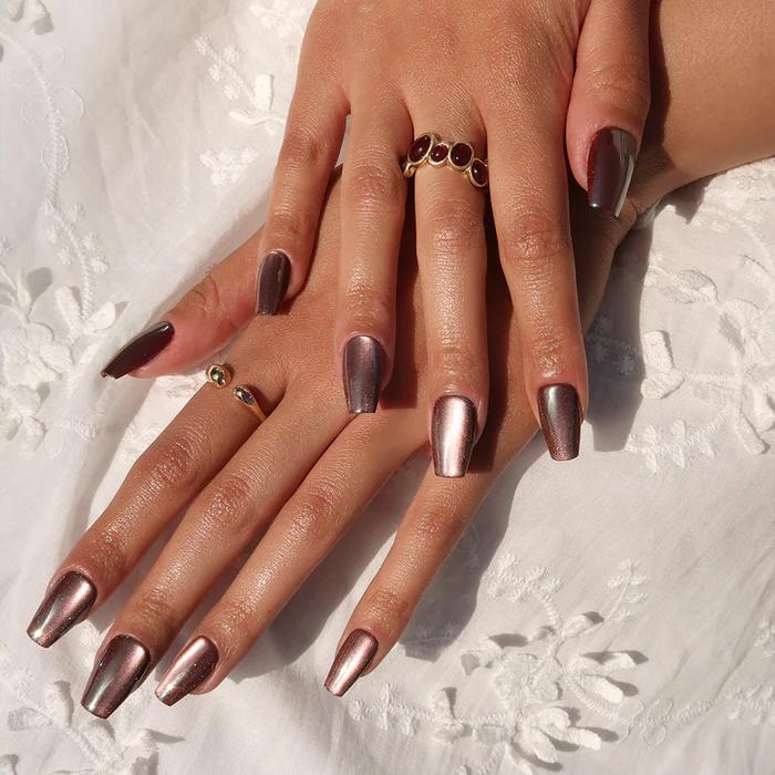 Metallic Brown Chrome Long Coffin Nails Metallic Brown Chrome Long Coffin Nails — Espresso Nails