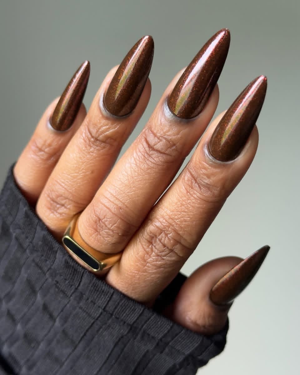 Shimmery Metallic Brown Long Stiletto Nails Shimmery Metallic Brown Long Stiletto Nails — Espresso Nails