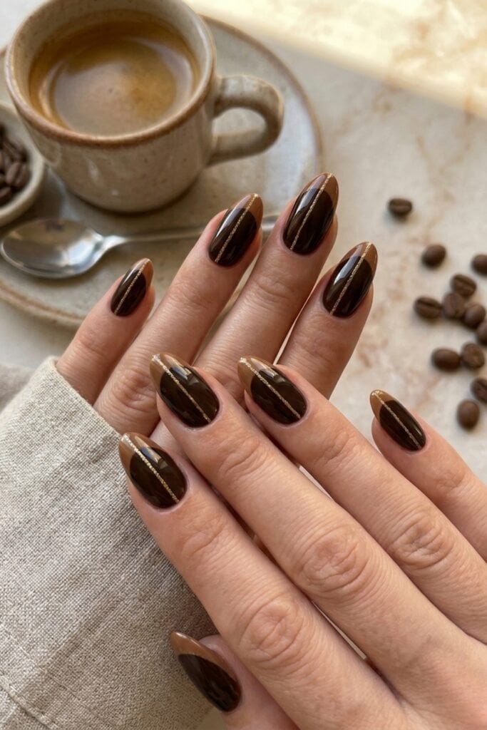 Two-Tone Dark Brown And Tan Almond Nails Two-Tone Dark Brown And Tan Almond Nails — Espresso Nails