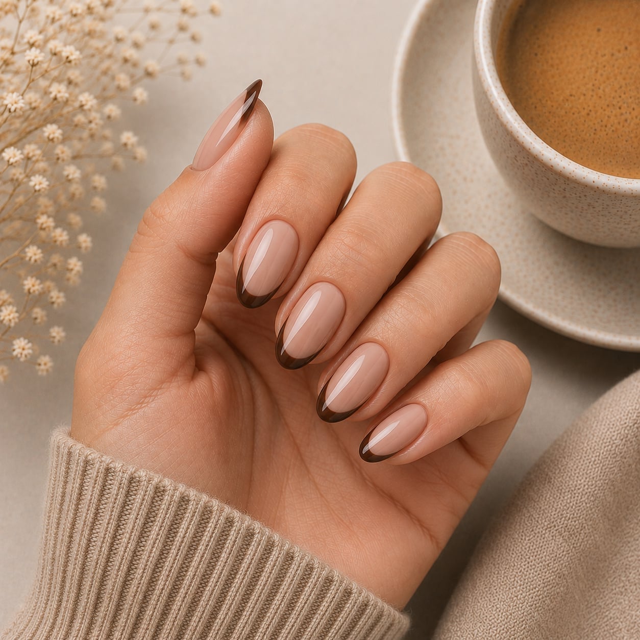 Sheer Nude With Dark Brown Classic French Tips, Medium Oval Sheer Nude With Dark Brown Classic French Tips, Medium Oval — Espresso Nails
