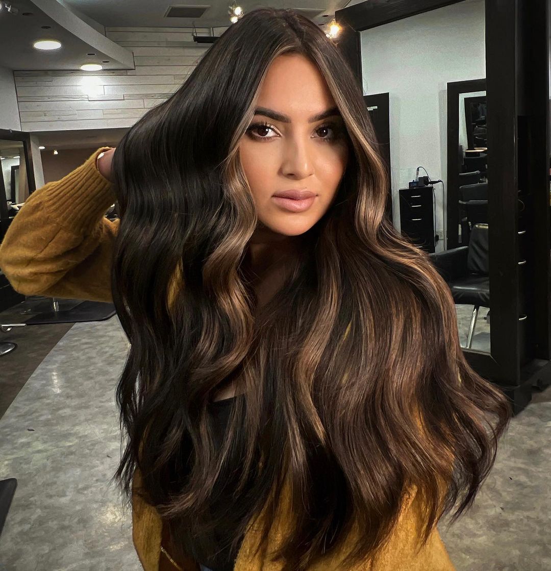Dark Chocolate Brown With Caramel Balayage Dark Chocolate Brown With Caramel Balayage — Expensive Brunette