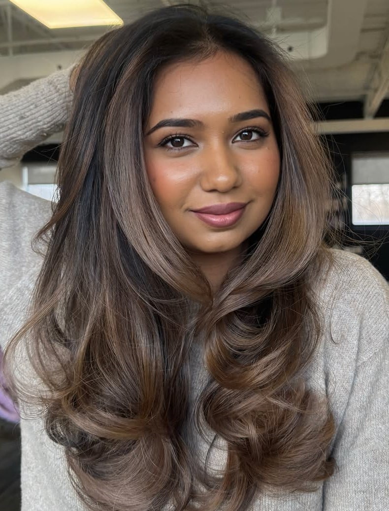 Collarbone Length Dark Brown With Lighter Brown Balayage Collarbone Length Dark Brown With Lighter Brown Balayage — Expensive Brunette