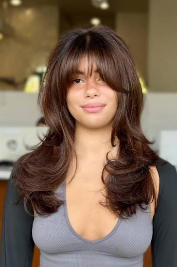 Layered Shag With Dark Brown Curtain Bangs — Face Framing Bangs