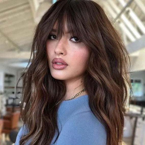Mid-Back Dark Brown With Full Curtain Bangs, Long Layers — Face Framing Bangs