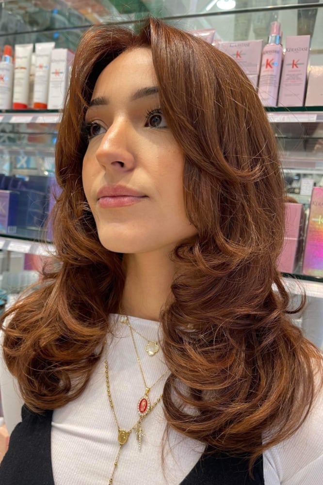 Shoulder Lob With Copper Red Curls — Face Framing Bangs