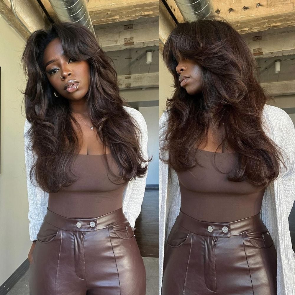 Mid-Back Dark Brown With Voluminous Waves — Face Framing Bangs