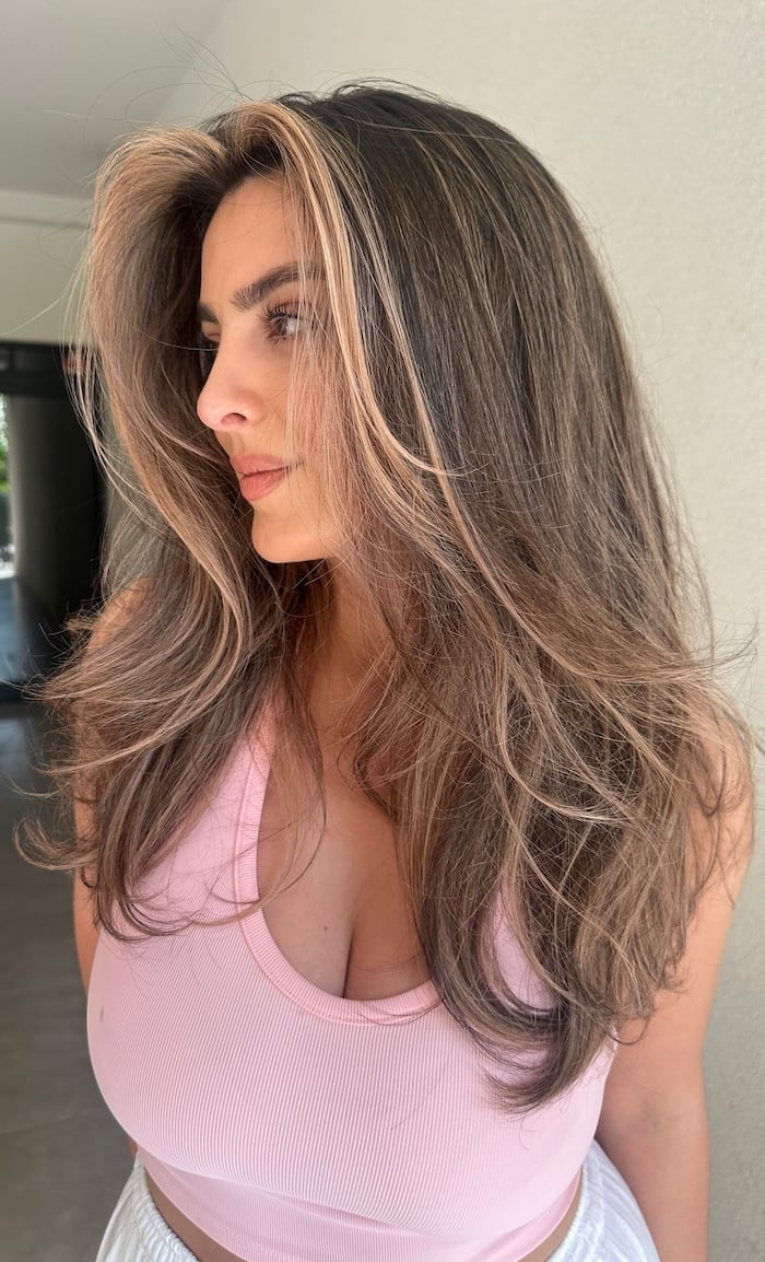 Mid-Back Mushroom Brown With Caramel Face Framing — Face Framing Highlights