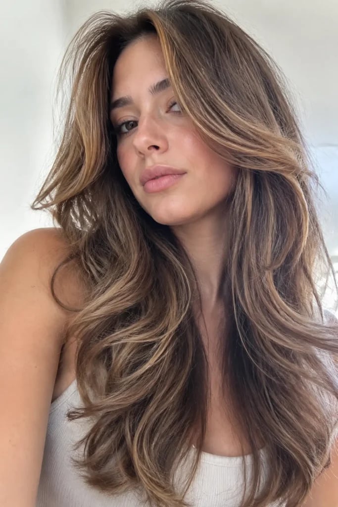 Mid-Back Brown With Blonde Highlights, Long Face-Framing Pieces Mid-Back Brown With Blonde Highlights, Long Face-Framing Pieces — Face Framing Layers