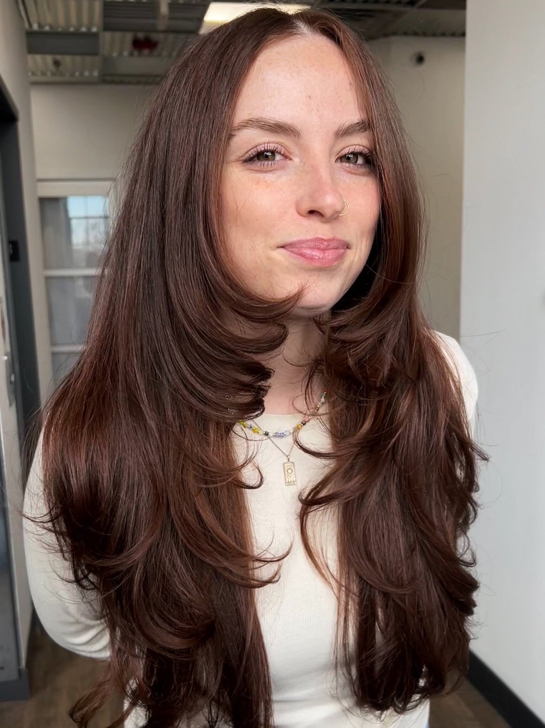 Mid-Back Dark Brown With Soft Curved Layers Mid-Back Dark Brown With Soft Curved Layers — Face Framing Layers