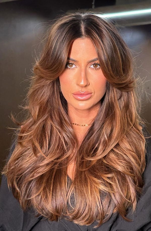 Rich Brown With Dramatic Curtain Bangs Rich Brown With Dramatic Curtain Bangs — Face Framing Layers