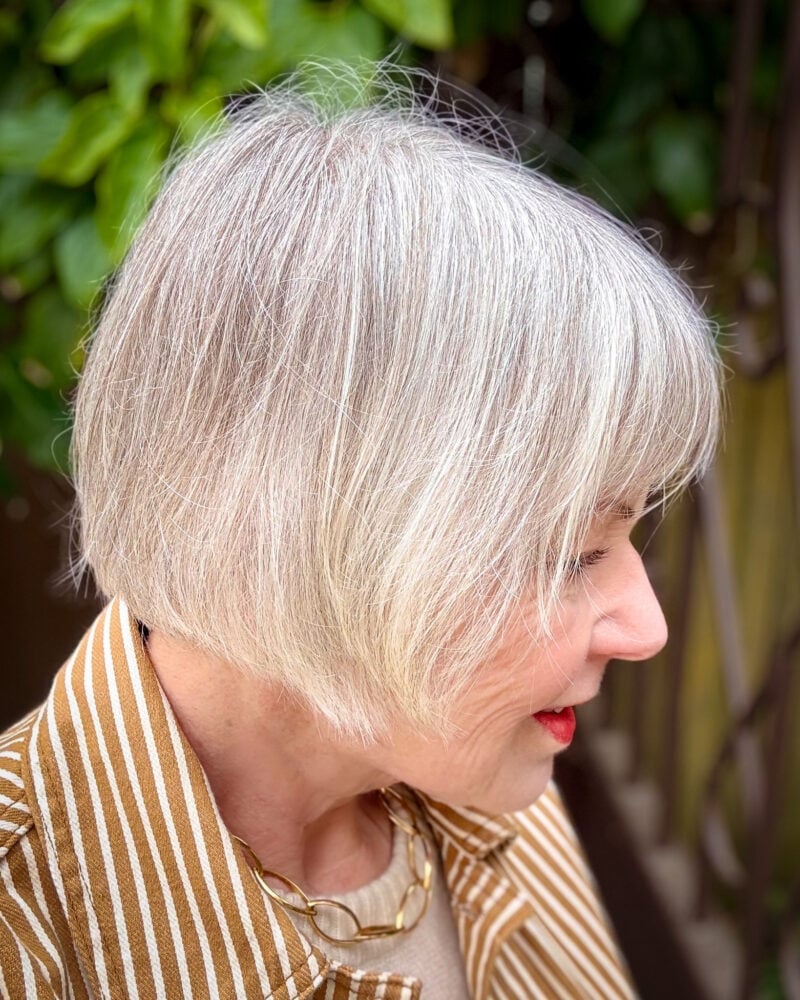 Silver Gray Bob With Sharp Blunt Bangs Silver Gray Bob With Sharp Blunt Bangs — French Bob