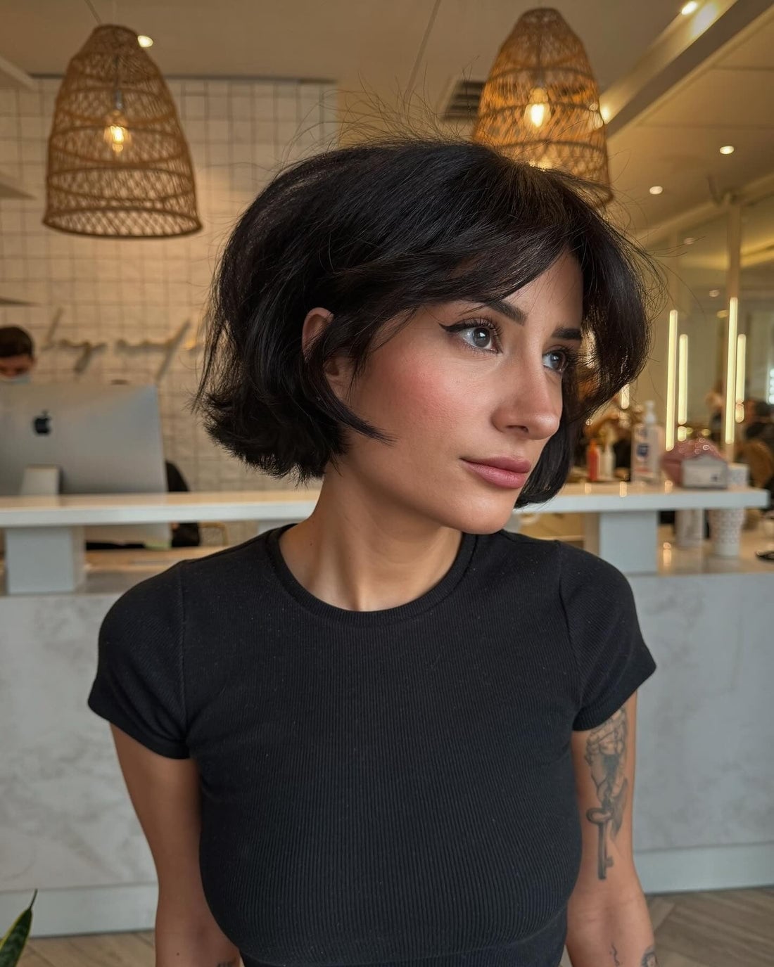 Dark Brown Bob With Textured Curtain Bangs Dark Brown Bob With Textured Curtain Bangs — French Bob
