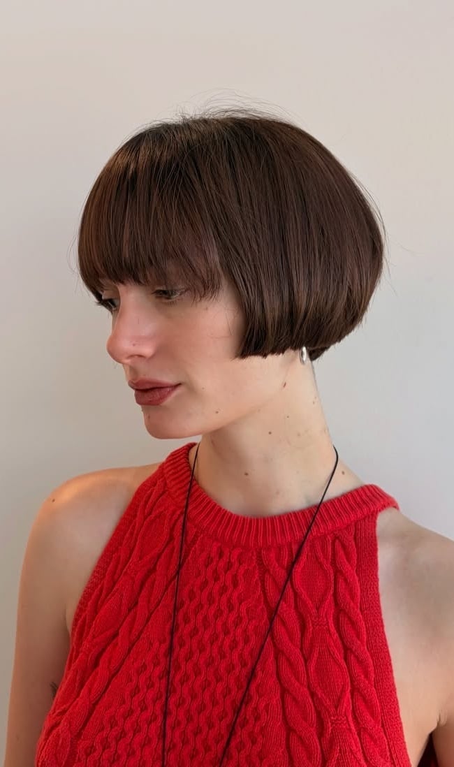 Geometric Black Bob With Eyebrow Bangs Geometric Black Bob With Eyebrow Bangs — French Bob