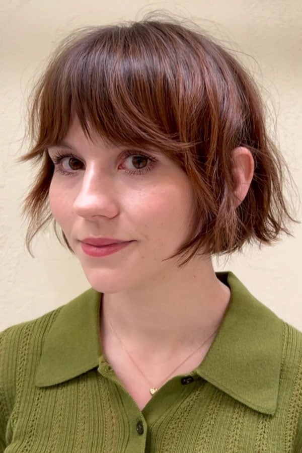 Fine Dark Brown Bob With Blunt Fringe Fine Dark Brown Bob With Blunt Fringe — French Bob