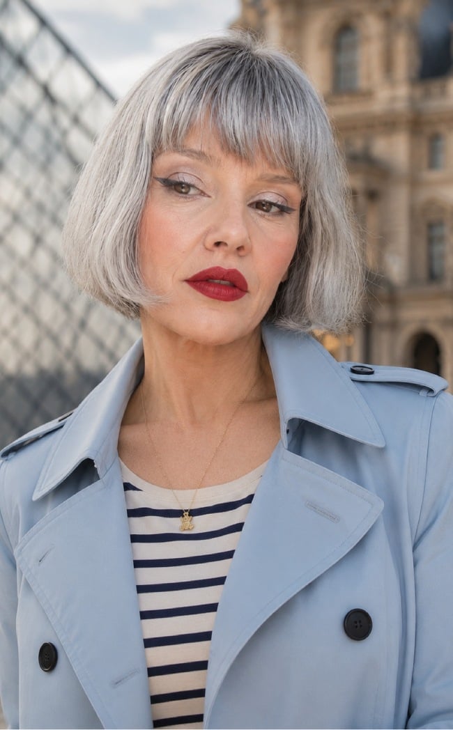 Platinum Silver Bob With Full Fringe Platinum Silver Bob With Full Fringe — French Bob