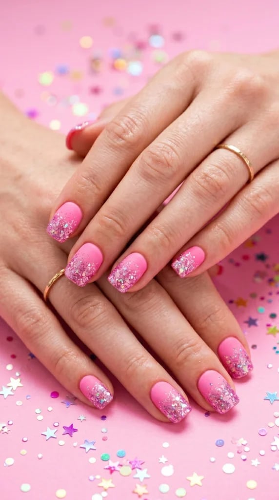 Bright Pink Glitter Ombre Short Square Nails Bright Pink Glitter Ombre Short Square Nails — Gel Nails