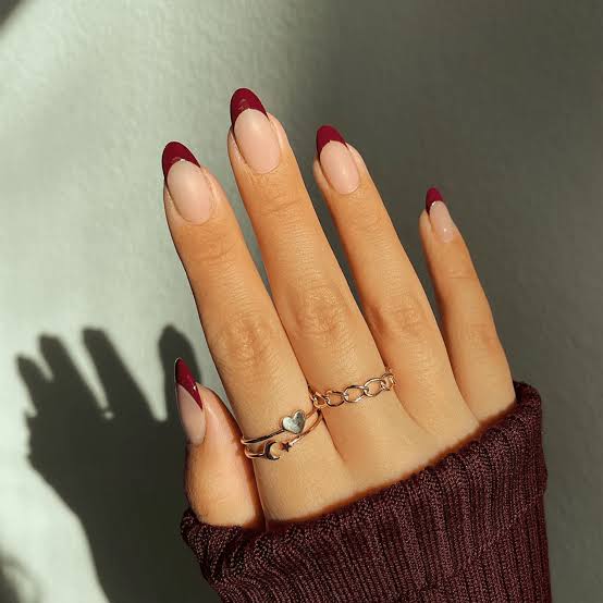 Medium Almond Deep Red French Tip Nails Medium Almond Deep Red French Tip Nails — Gel Nails