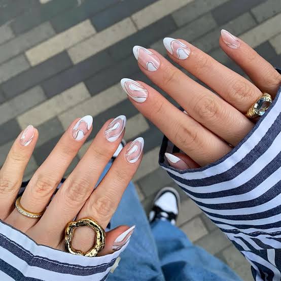 Sheer Nude White Swirl Medium Almond Nails Sheer Nude White Swirl Medium Almond Nails — Gel Nails