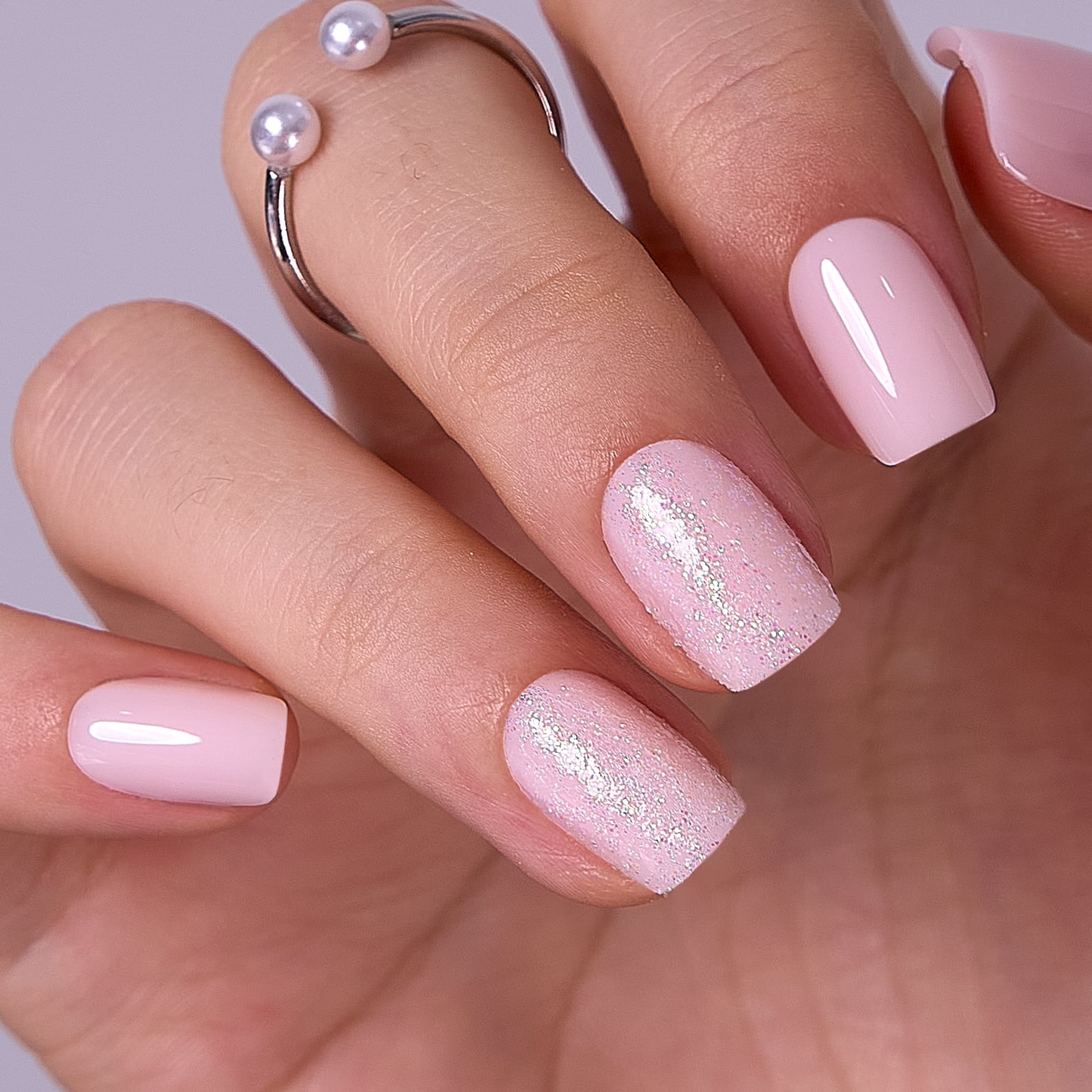 Pale Pink Iridescent Glitter Accent Soft Square Nails Pale Pink Iridescent Glitter Accent Soft Square Nails — Gel Nails