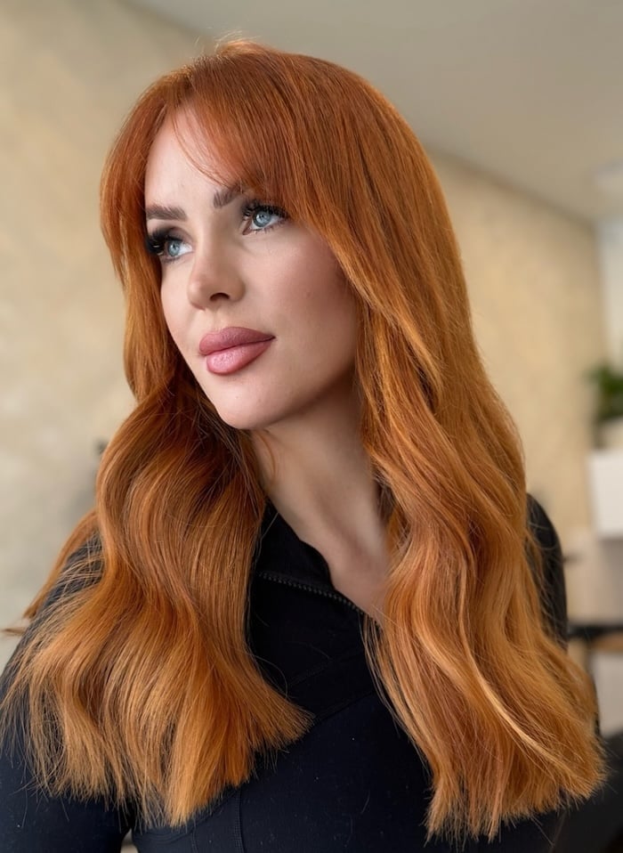 Mid-Back Bright Tangerine Ginger With Soft Waves Mid-Back Bright Tangerine Ginger With Soft Waves — Ginger Hair