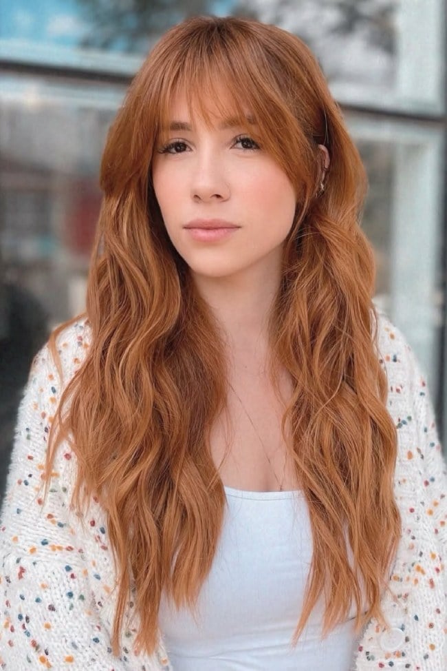 Mid-Back Copper Ginger With Wispy Curtain Fringe Mid-Back Copper Ginger With Wispy Curtain Fringe — Ginger Hair