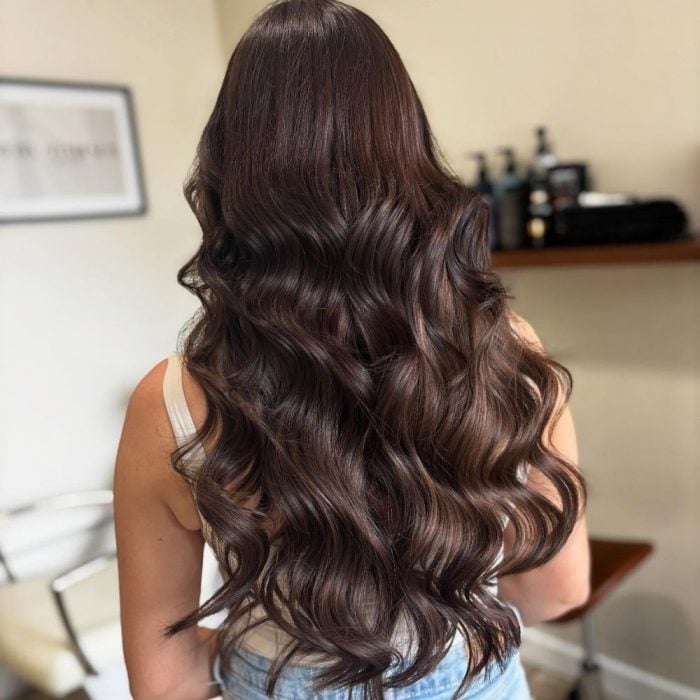 Mid-Back Length Dark Brown With Highlights, Wavy And Thick Mid-Back Length Dark Brown With Highlights, Wavy And Thick — Glossy Brunette