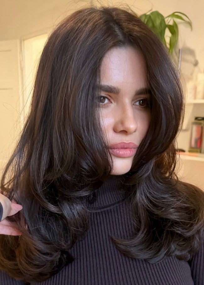 Dark Brown With Lighter Brown Highlights, Mid-Back Dark Brown With Lighter Brown Highlights, Mid-Back — Glossy Brunette