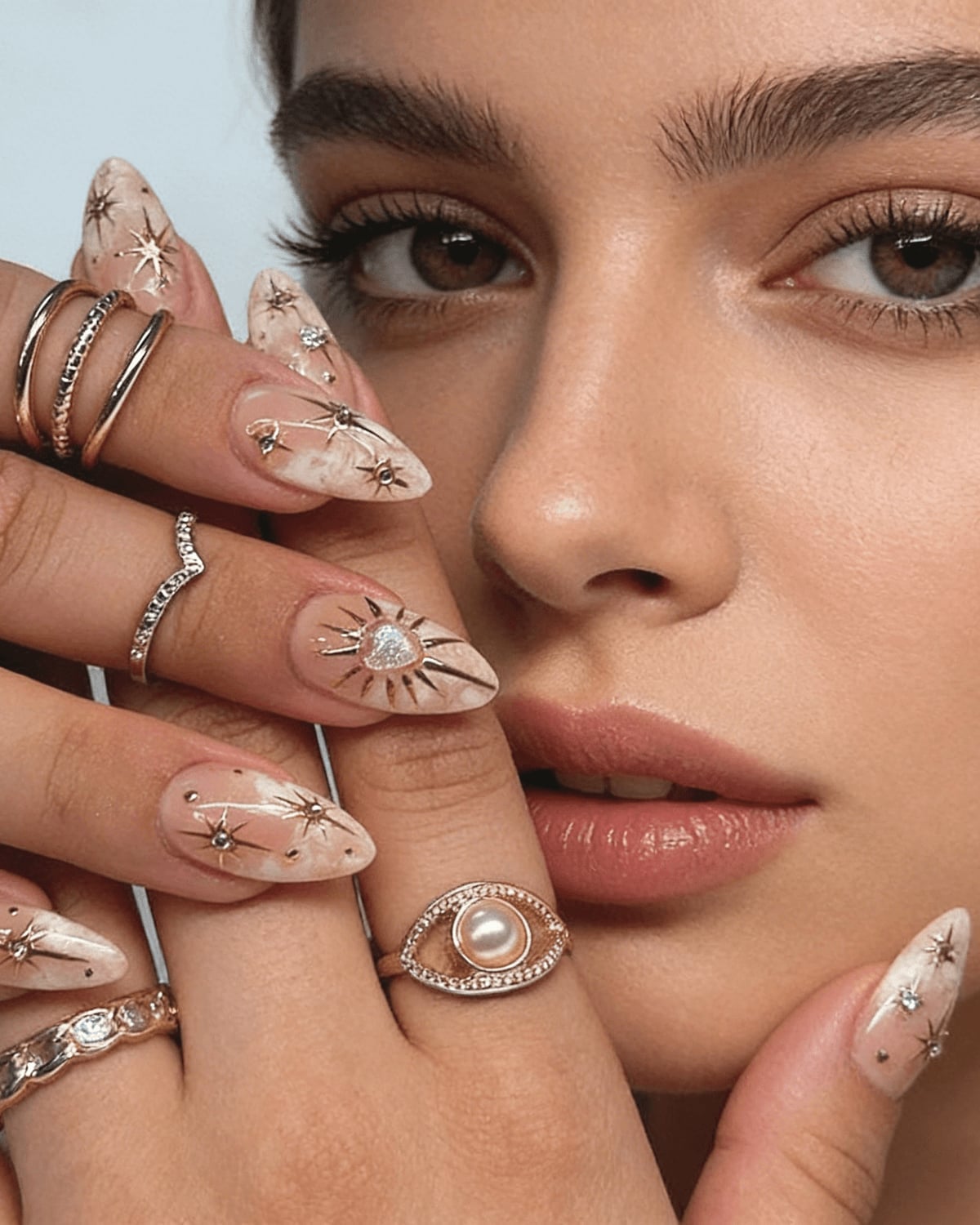 Bohemian 3D Gold Chrome Star Nude Acrylic Nails