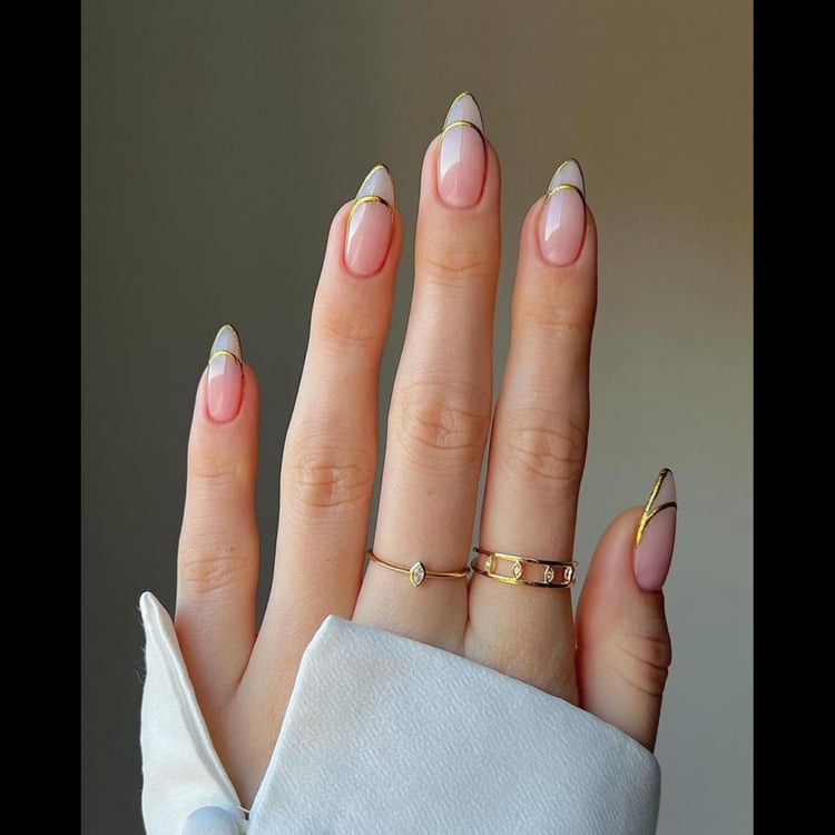 Medium Almond Milky Nude Gold French Line Medium Almond Milky Nude Gold French Line — Gold Nails