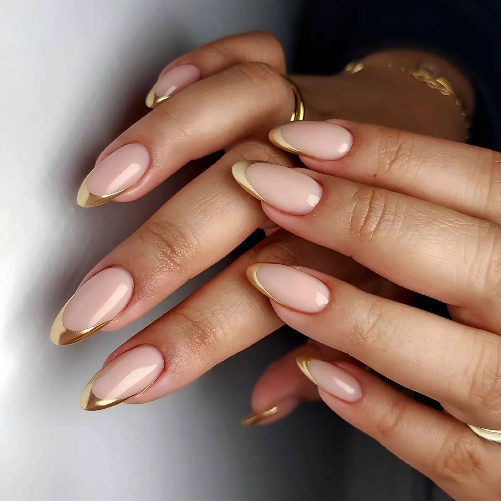 Medium Almond Gold French Tips Medium Almond Gold French Tips — Gold Nails