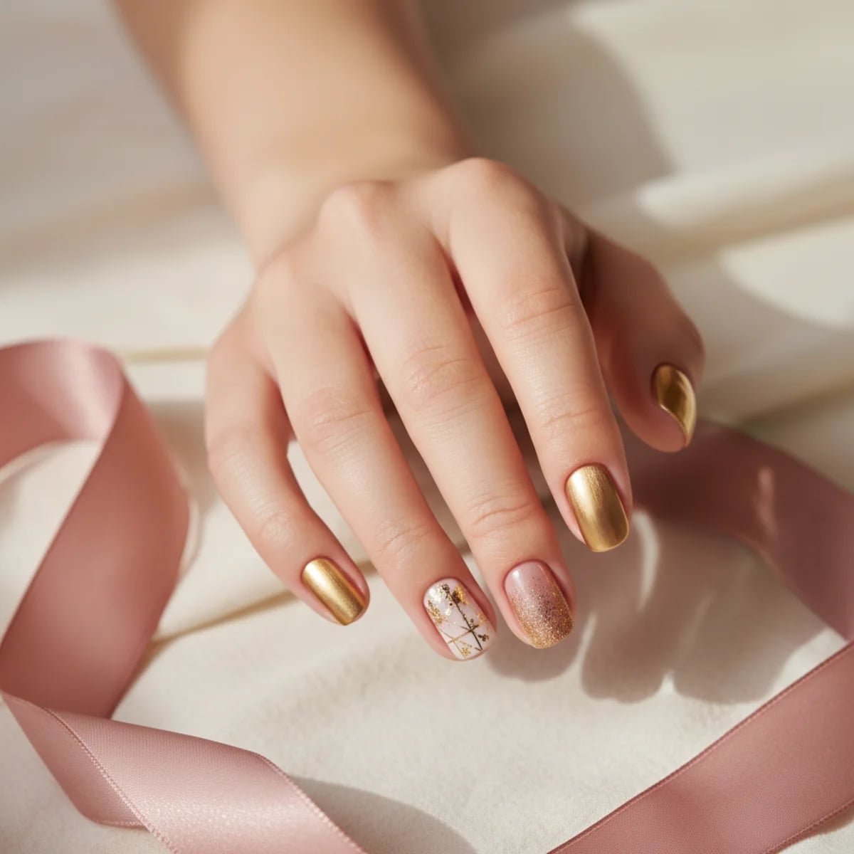 Short Square Metallic Gold Floral Short Square Metallic Gold Floral — Gold Nails