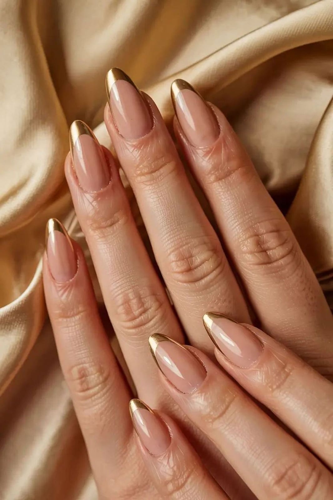 Almond Sheer Nude Gold French Almond Sheer Nude Gold French — Gold Nails