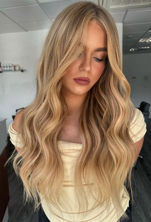 Collarbone Golden Blonde With Face-Framing Layers, Curtain Bangs