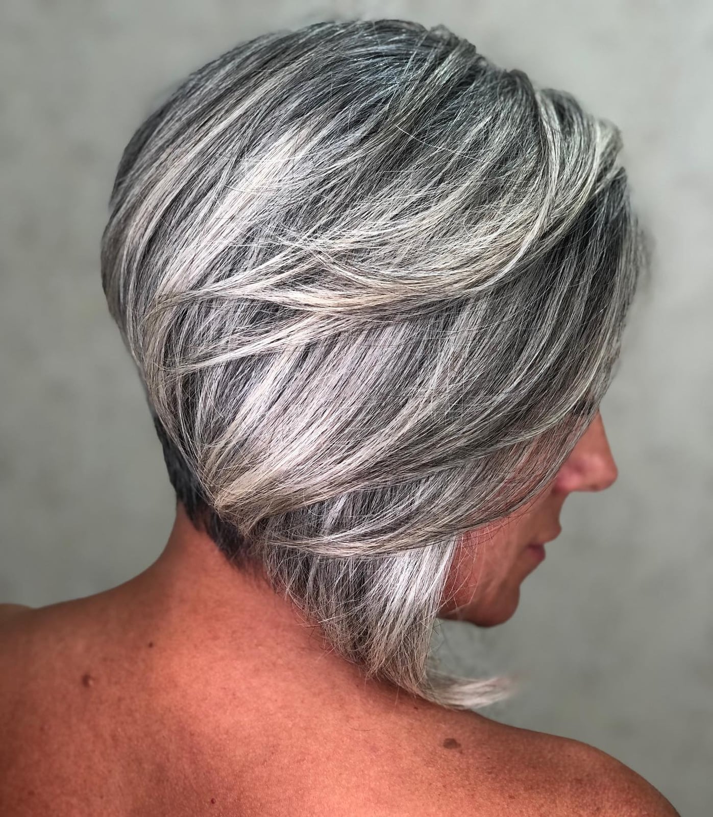 Stacked Bob With Side-Swept Bangs — Gray Blending