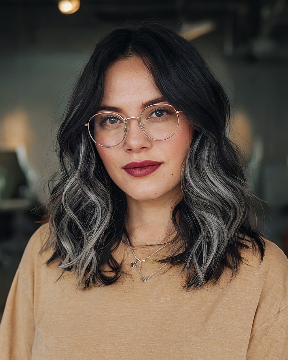 Shoulder Length Dark Brown With Gray Highlights — Gray Blending