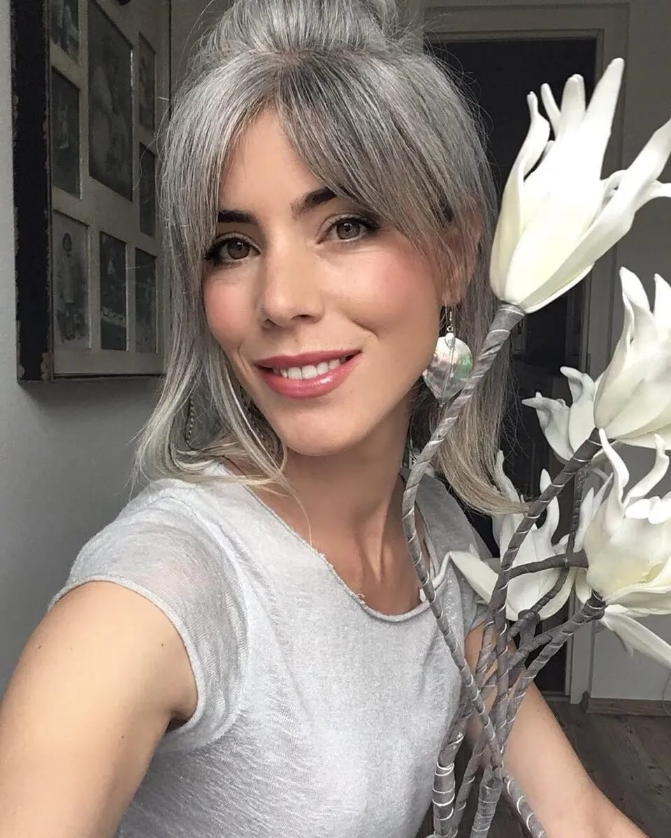 Chin Length Long Bob With Curtain Bangs — Gray Blending