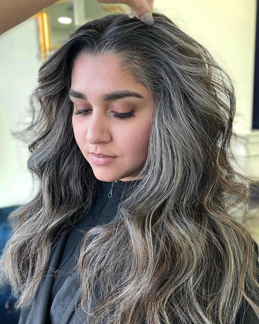 Mid-Back Wavy Hair With Silver Highlights — Gray Blending