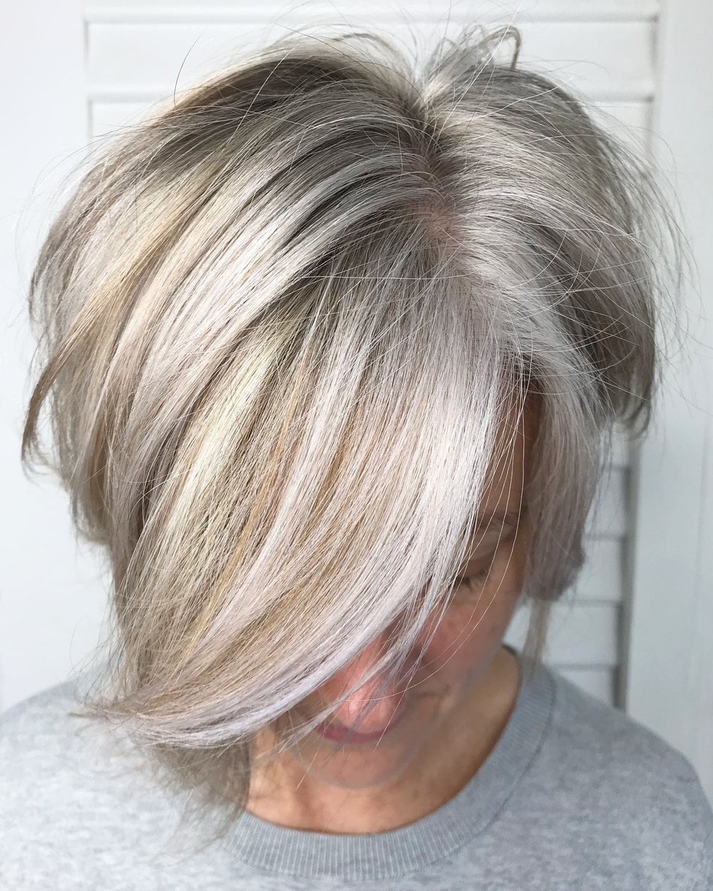 Short Layered Bob With Platinum Contrast — Gray Blending