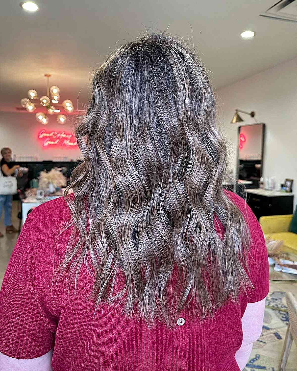 Mid-Back Layered Cut With Curtain Bangs — Gray Blending