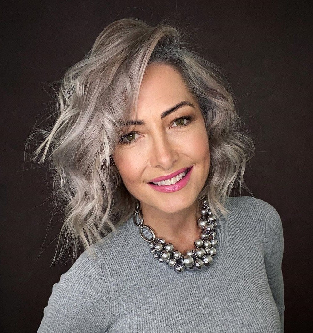 Shoulder Length Layers With Curtain Bangs — Gray Blending