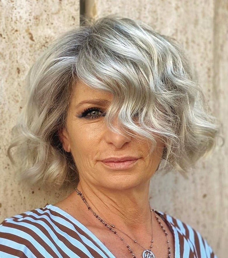 Thick Wavy Ash Gray Bob With Curtain Bangs Thick Wavy Ash Gray Bob With Curtain Bangs