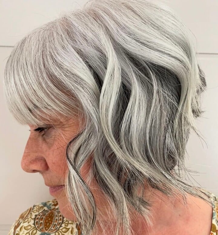 Thick Wavy Gray Bob With Full Fringe Thick Wavy Gray Bob With Full Fringe