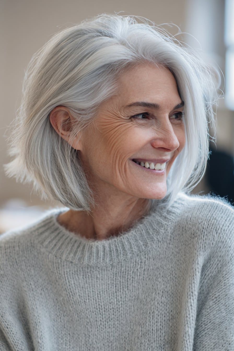 Collarbone Silver Gray Bob With Inward Curve Collarbone Silver Gray Bob With Inward Curve